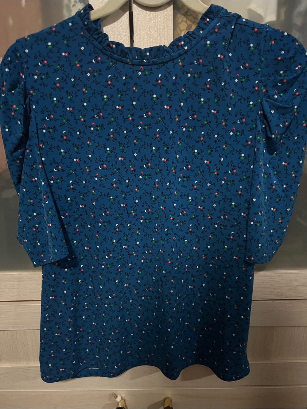 CeCe Navy Blue Floral Ruffle-Neck Casual Top